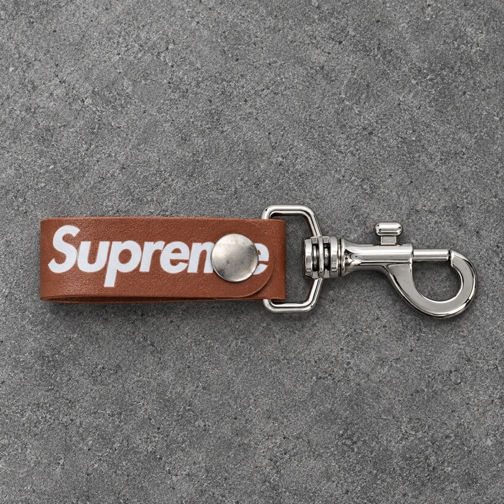 Supreme Leather Key Loop Brown Silver Swivel Lobster Clasp Logo Keychain OS EXCL